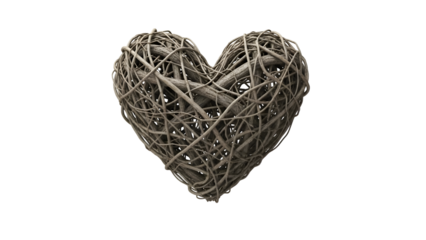 A textured heart shape created from interwoven branches against a dark background