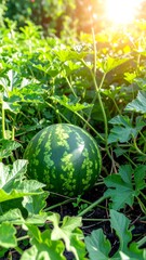 A round, green watermelon rests among lush, sprawling vines and leaves in a sun-drenched garden. Sunlight highlights the scene