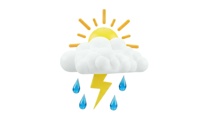 3D Weather Icon: Sun, Cloud, Lightning, Rain, and Drops