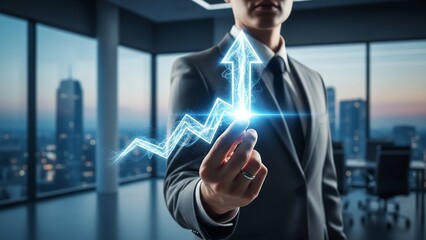 Businessman interacting with glowing growth chart in modern office