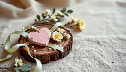 Rustic wooden slice with heart shaped decoration and floral accents for romantic occasions