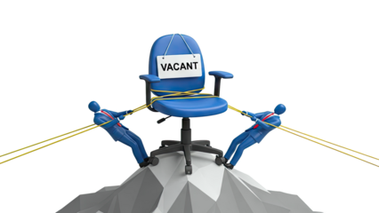 Two businessmen tugging a vacant chair on a mountain peak