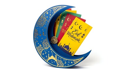 Crescent shaped envelope holder containing festive Eid money envelopes with intricate designs on it