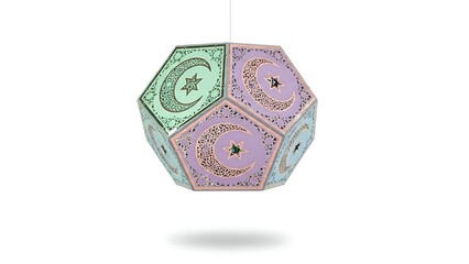 A decorative Eid-themed paper lantern in metallic pastel colors hanging from above, isolated