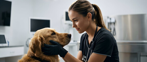 Compassionate Female Veterinarian in Scrubs Gently Examines Golden Retriever Dog in a Modern Vet Clinic, Promoting Pet Health & Trust