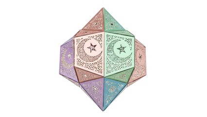 A metallic pastel colored paper lantern with Eid theme, viewed from the front, isolated