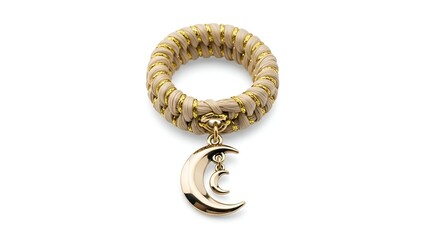 A napkin ring with a moon charm is showcased in a product photography style.