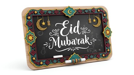 Eid-themed mini chalkboard sign with decorative border and Eid Mubarak message, isolated