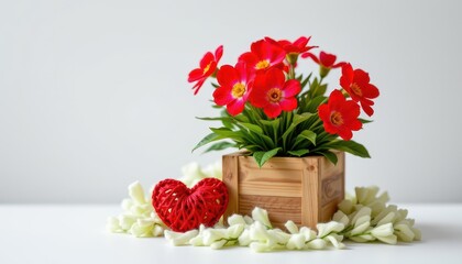 Obraz premium Vibrant Red Flowers in Wooden Box Surrounded by White Petals and a Decorative Heart on a Neutral Background