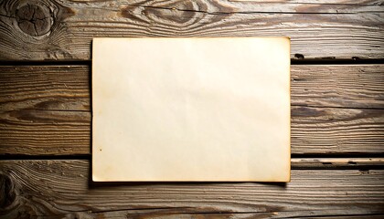 A rustic close-up of a blank, aged rectangular paper, resting on rough, weathered wooden planks. The paper appears aged and vintage