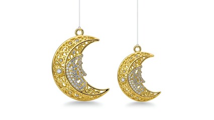 Two decorative golden crescent moon ornaments hanging from strings, isolated on a plain setting