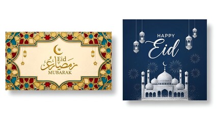Two Eid greeting cards standing side by side, isolated, celebrating the Eid festival with mosque and decorations