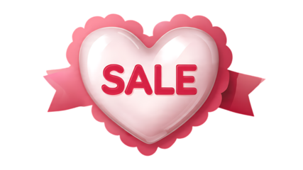 A pink heart shaped sale banner with the word sale in red ideal for designs on transparent background