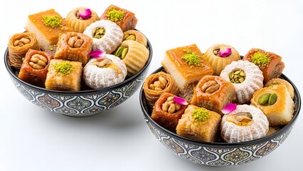 Two decorative bowls filled with assorted Middle Eastern sweets displayed on a clean surface