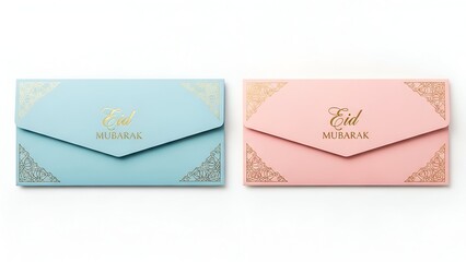 Pastel colored Eid envelopes for giving money, isolated on a clean background, viewed from directly above