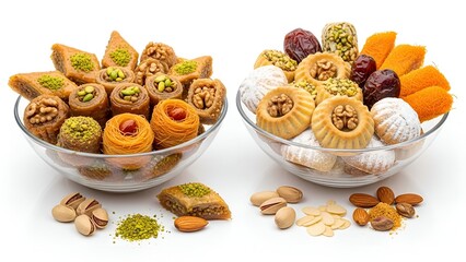 Two glass bowls filled with assorted Middle Eastern sweets and nuts displayed on a clean surface