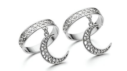 Festive napkin rings with crescent charms and diamond details displayed on a plain surface