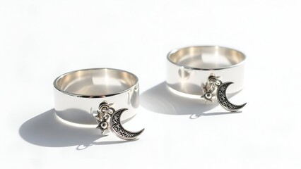 Two silver rings with crescent moon charms on white