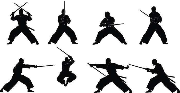 Martial arts sword silhouettes in dynamic stances, katana combat poses, flying, striking, blocking, traditional warrior discipline