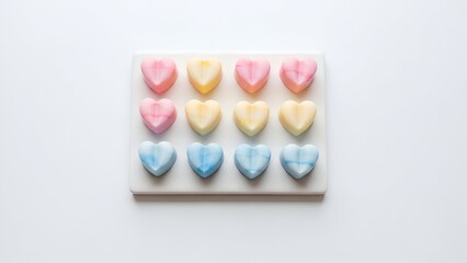 Twelve hearts arranged in a grid on a decorative white square platform viewed from directly above