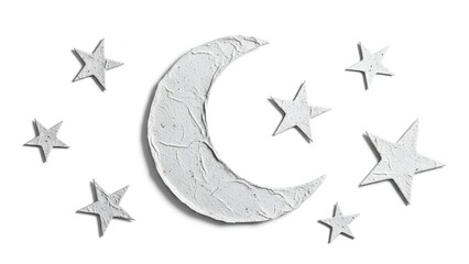 Crescent moon and stars decorative objects arranged in a pattern on a surface