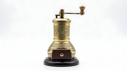 Vintage manual coffee grinder standing upright on a dark base, front view, isolated