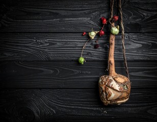 A rustic gourd bottle with a wooden handle, adorned with dried berries, hanging against a dark wood background