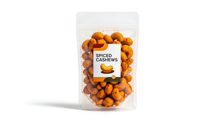 A bag of roasted cashew nuts with a label, standing upright on a surface, viewed from the front.