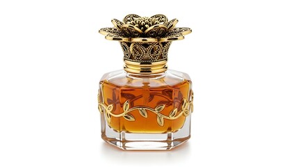 Luxurious perfume bottle with golden cap and ornate design, isolated on a pristine surface, viewed from directly above