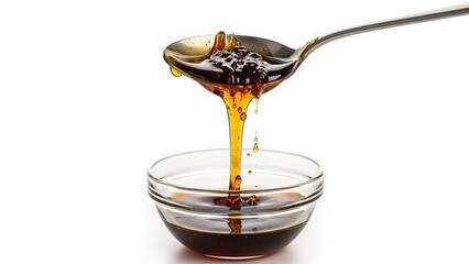Honey being poured from a spoon into a glass bowl, showcasing the flow and viscosity of the golden liquid