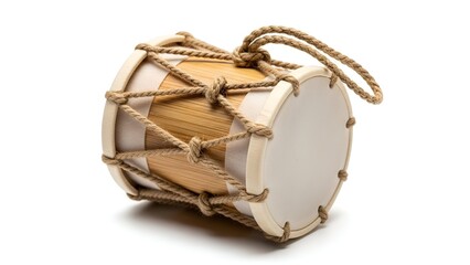 A traditional drum with a rope-wrapped body and wooden accents, displayed on a plain surface from a slightly angled viewpoint.