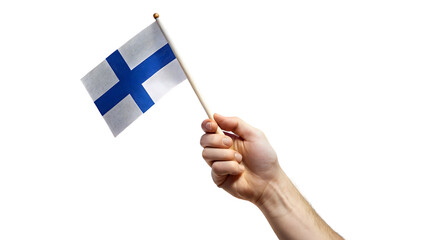A hand holding a small Finnish flag against a black background