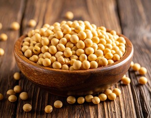 A rustic image showcasing a wooden bowl overflowing with golden, spherical soybeans. The wooden background complements the warm hues
