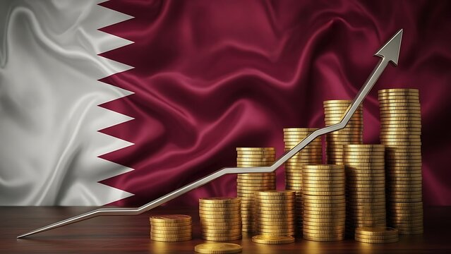 Qatar economic growth chart with rising gold coins and flag background