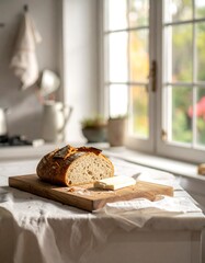 A rustic kitchen scene captures a freshly baked loaf sliced on a wooden board, with butter and a window in view