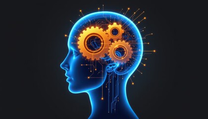 Abstract human head with gears and circuits symbolizing artificial intelligence and cognitive processing