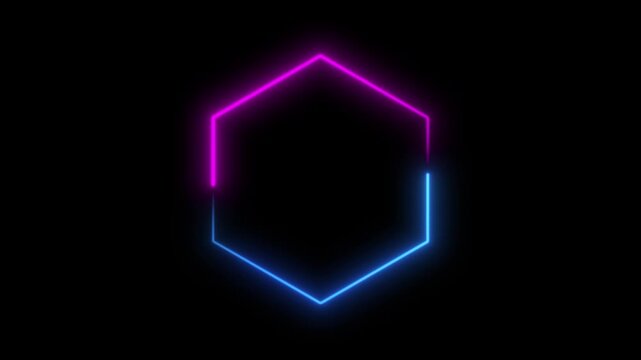 A glowing Hexagon neon frame on a black background. Modern futuristic light border design suitable for video overlays, gaming intros, technology visuals, and digital motion graphics projects.
