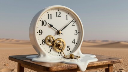 A melting clock with visible gears rests on a wooden table in a desert landscape