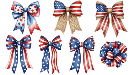 A vibrant collection of patriotic american flag themed bows in various designs on transparent background