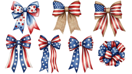 A vibrant collection of patriotic american flag themed bows in various designs on transparent background