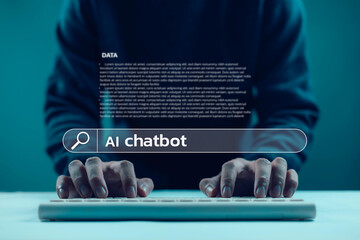 
Businessman using futuristic AI chatbot interface, touching virtual search bar with glowing digital particles, representing artificial intelligence, automation, customer  modern business 