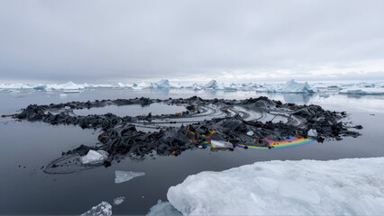 Naklejka premium Pollution and icebergs floating in the ocean with a rainbow sheen on the water