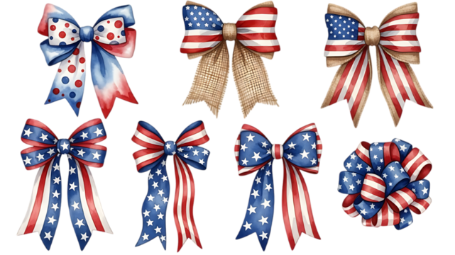 A vibrant collection of patriotic american flag themed bows in various designs on transparent background - Powered by Adobe