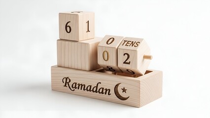 Wooden blocks displaying the date of Ramadan, placed on a wooden box with Ramadan written on it, isolated on a plain surface.