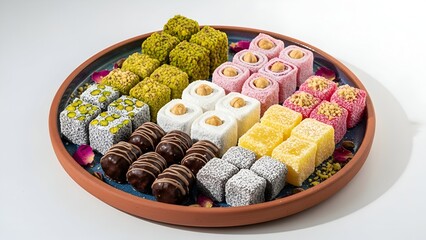 Assortment of Turkish Delight on Ceramic Platter, Overhead View of Colorful Confectionery