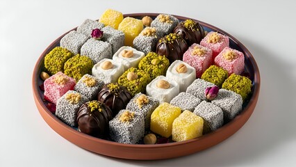 Assortment of Turkish delight on a ceramic platter, beautifully presented