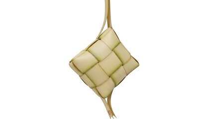Woven ketupat decoration with satin texture hanging isolated, studio lighting, close-up view