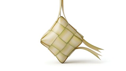 Woven ketupat decoration with satin texture hanging, soft studio lighting, isolated