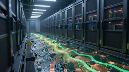 Rows of server racks in a data center with glowing circuit board pathways on the floor