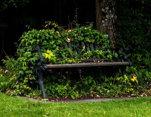 A rustic park bench heavily overgrown with greenery, sits beneath a shadowed tree in a vibrant, natural setting